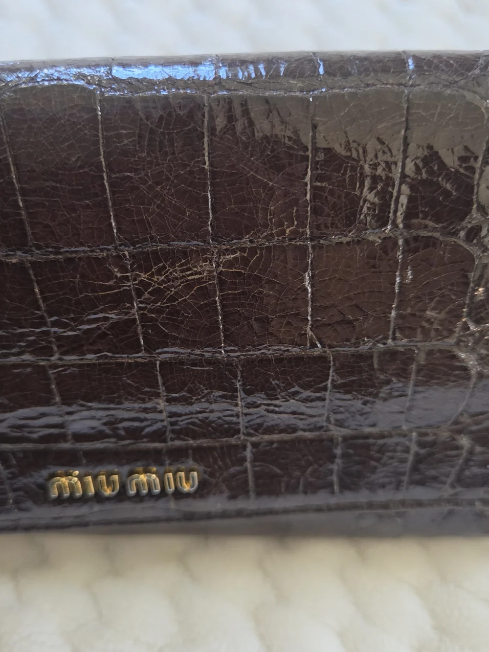 Miu Miu Croc-Embossed Leather Key & Card Holder in Dark Brown with Gold Logo
